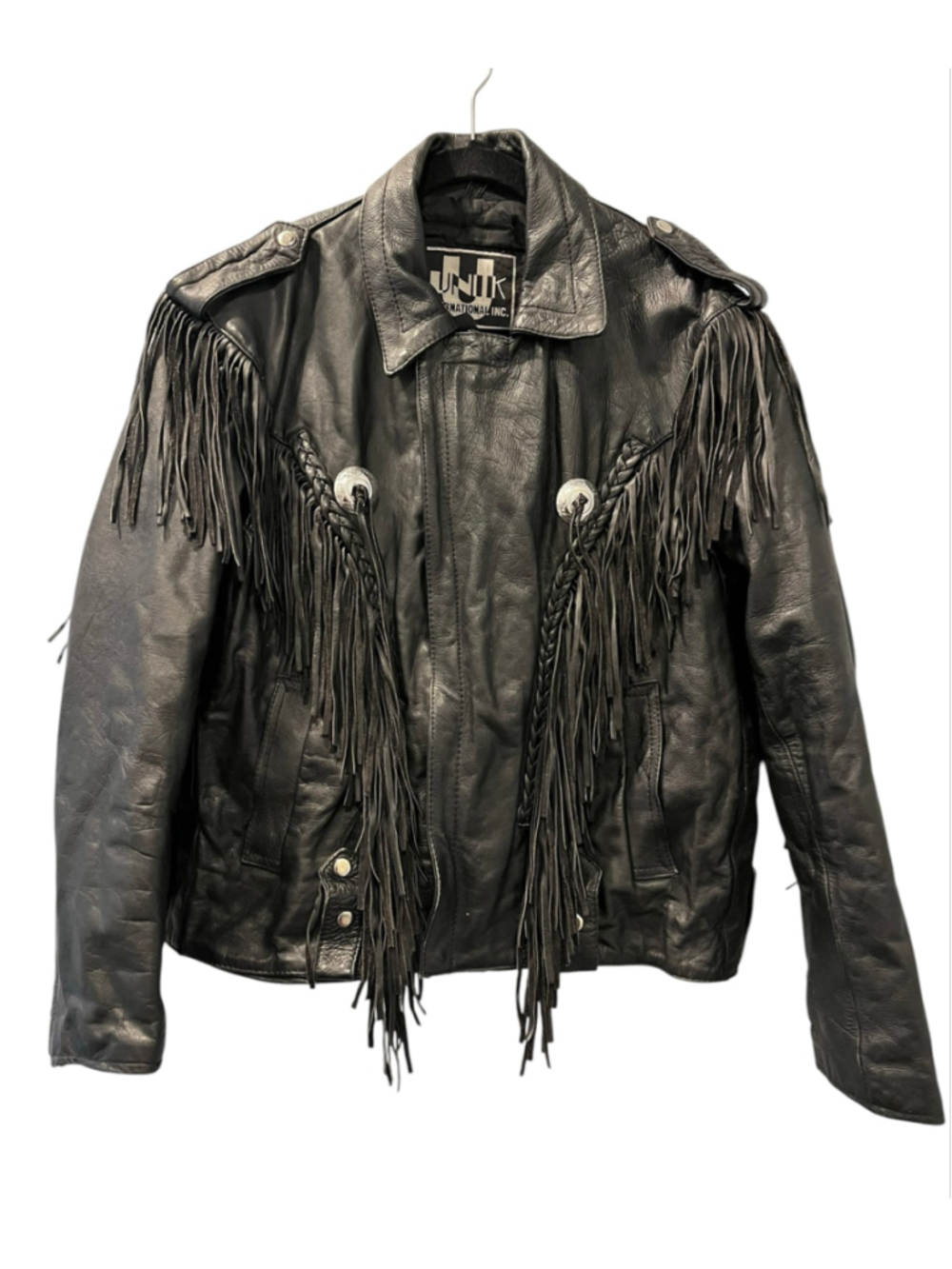 VTG Unik Leather Fringe Motorcycle Jacket Black Western Biker Concho Size 48